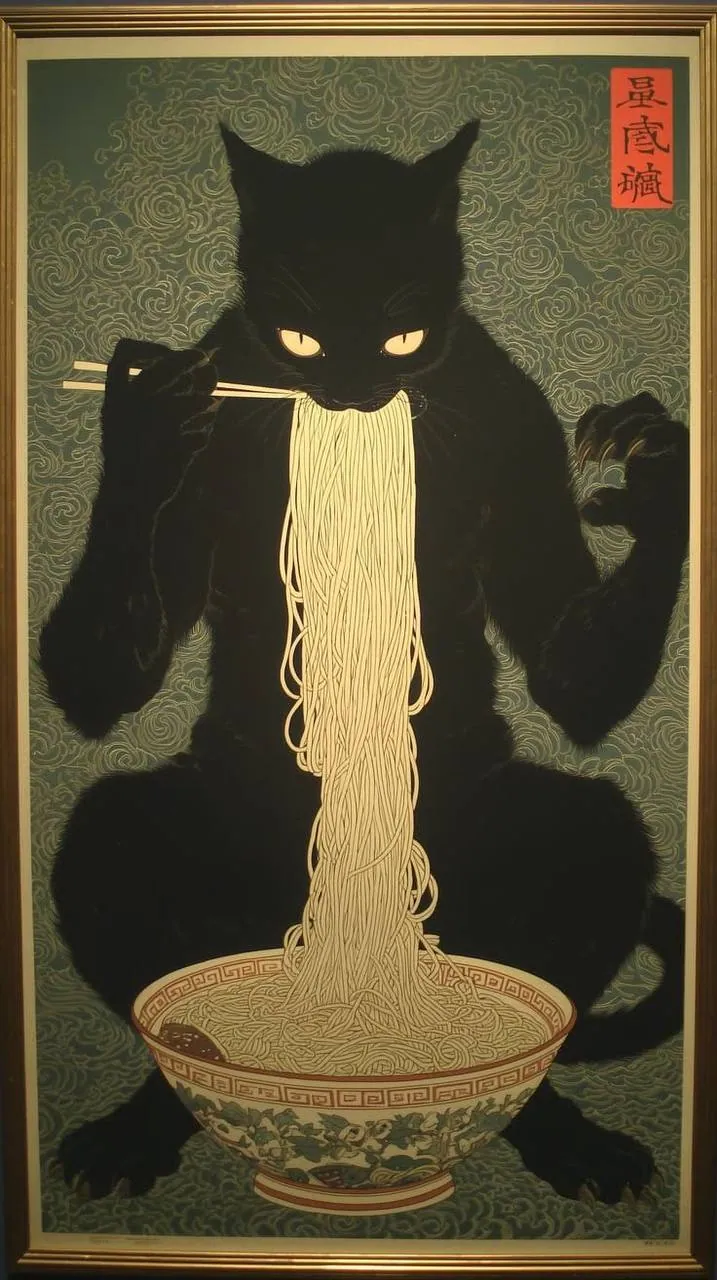 Mèo ăn mì — minh hoạ